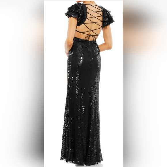 Mac Duggal, Sequined Ruffled Cut-out Lace-up Gown, Black, Size 8‎ - NWOT. - Picture 2 of 13